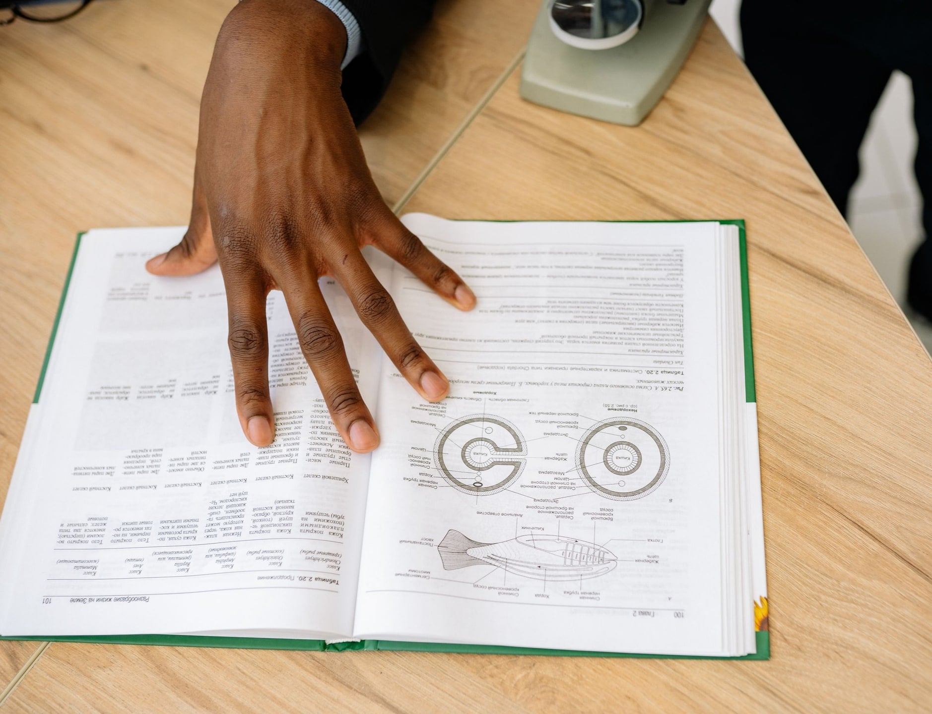 A hand rests on an open clinical reference book with diagrams.